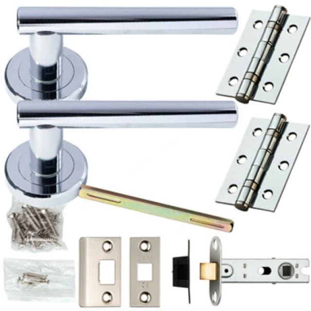 Loops Door Handle & Latch Pack Chrome Modern Straight T Bar on Screwless Round Rose Multi