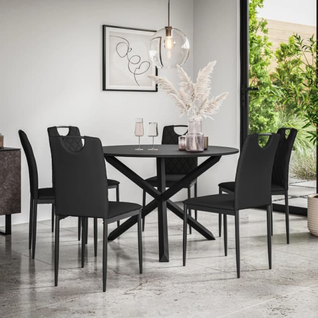 More4Homes Malvern Round Dining Table And Chairs - Black Table Top W Solid Oak Black Legs + Monza Faux Leather Dining Chair Set Of 6 (Black)