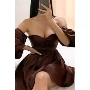 I Saw It First Chocolate Satin Bust Detail Bardot Extreme Puff Sleeve Skater Dress - Brown