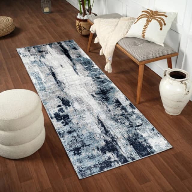 Livabliss Abstract Modern Marble Aqua/navy Giulia Runner Rug 80 X 220 Cm - Easy Care, Non Shedding, Ideal For Hallway Or Beside The Bed