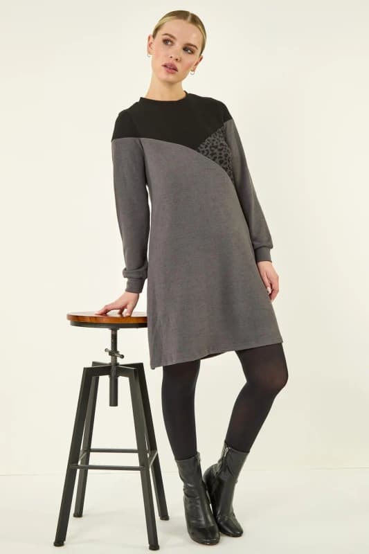 Roman Petite Animal Colour Block Knit Dress Dark Grey