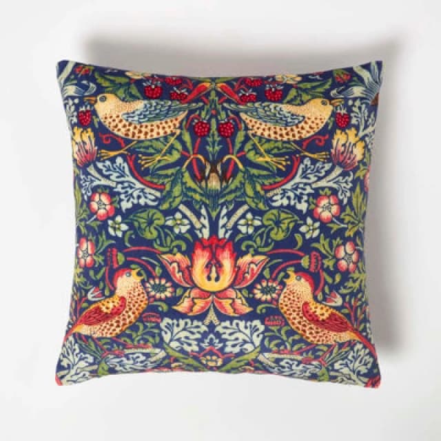 Homescapes William Morris Strawberry Thief Velvet Cushion Red