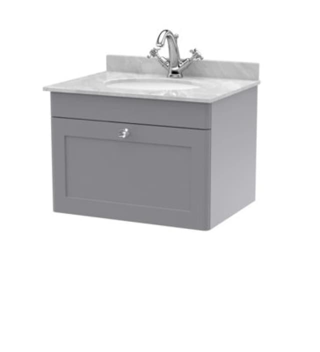 Nuie Classique Wall Hung 1 Drawer Vanity Unit & 1 Tap Hole Grey Marble Top With Oval Basin, Contemporary Sink Vanity Unit In