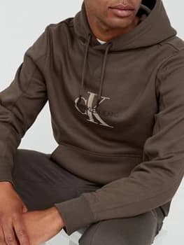 Calvin Klein Jeans Archival Monogram Flock Overhead Hoodie - Olive, Olive Size M Men