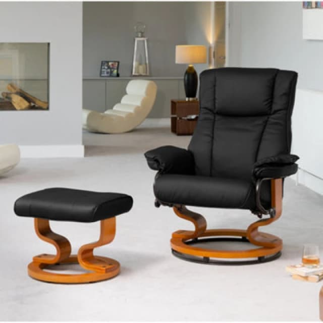 Calhoun 83Cm Wide Black Bonded Leather 360 Degree Ergonomic Swivel Base Recliner Chair And Footstool
