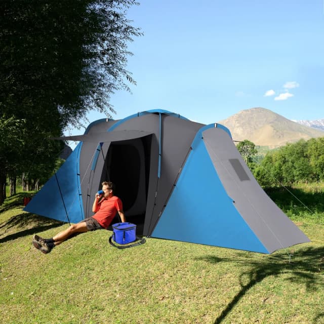 Outsunny 4-6 Man Camping Tent with 2 Bedroom and Living Area Blue