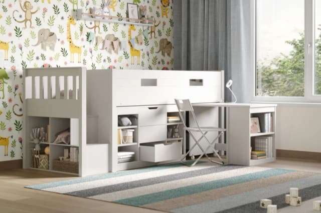 Flair Charlie Staircase Mid Sleeper Cabin Bed with Storage & Desk in White Size: Single White Unisex Single