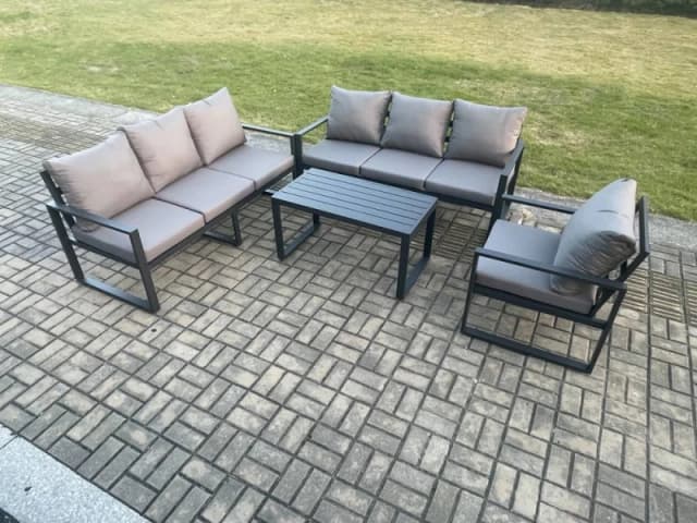 Fimous Aluminium 7 Seater Garden Furniture Outdoor Patio Sofa Set with Rectangular Coffee Table Armchair Dark Grey Dark Grey Unisex