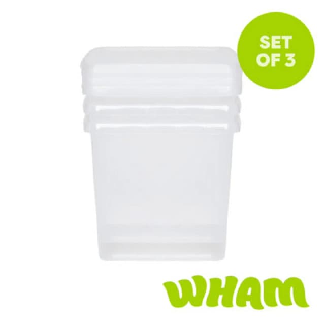 Wham Clip 3X 14L Square Plastic Storage Boxes With Clip Lock Lids. Ideal For Home, Office, Toys & More - Clear/clear