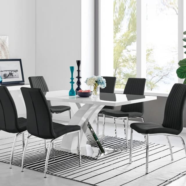 FurnitureboxUK FurnitureboxUK Atlanta Modern Rectangle Chrome Metal High Gloss White Dining Table And 6 Isco Chairs Set in Black One Size Unisex