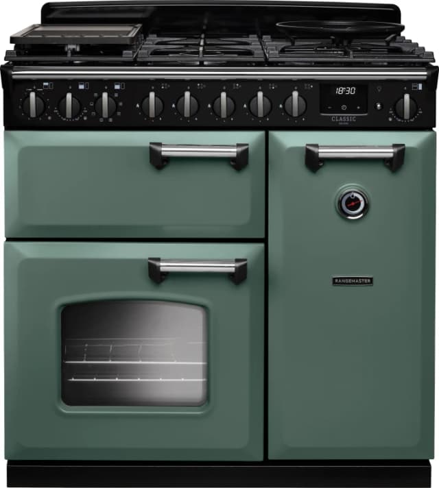Rangemaster Classic Deluxe CLDL90DFPMGR/CM1 90cm wide Dual Fuel Range Cooker with Gas Hob - Mineral Green / Chrome - A Rated