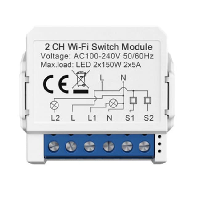 Ener-J Smart WiFi+Ble 2Ch Light Switch Module (Max 2 X 150W). On/off Switch