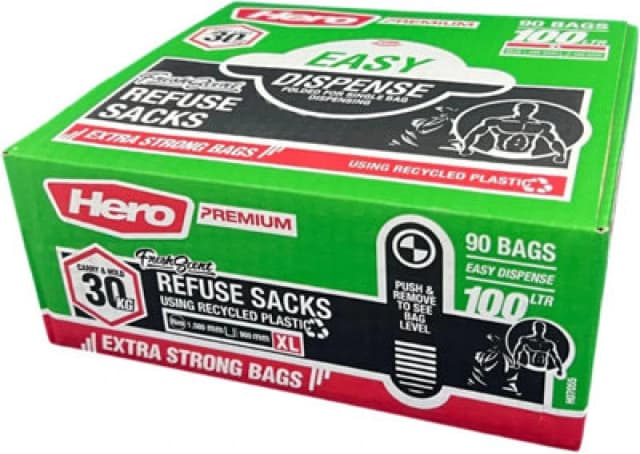 Hero Scented Heavy Duty Bin Bags Liners 100L Waste Rubbish Sacks Easy Dispense Pack Of 90 - Household, Garden & Commercial Use