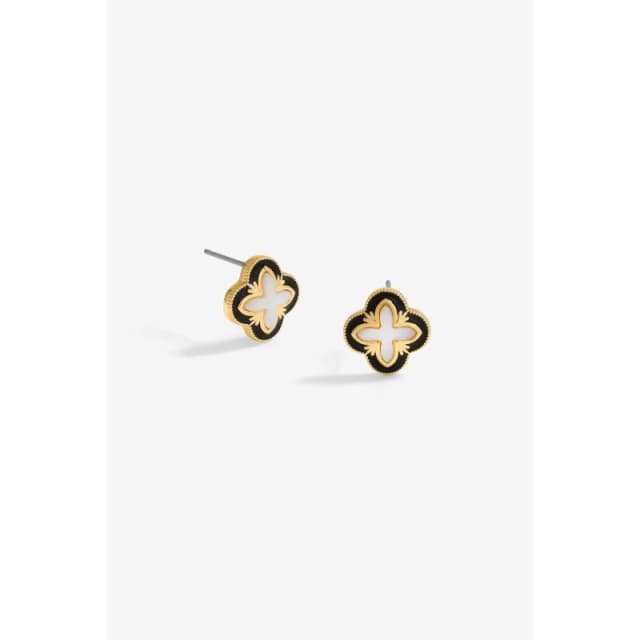 Inicio Gold Plated Jet Enamel And Mother Of Pearl Clover Earrings - Gift Pouch Gold
