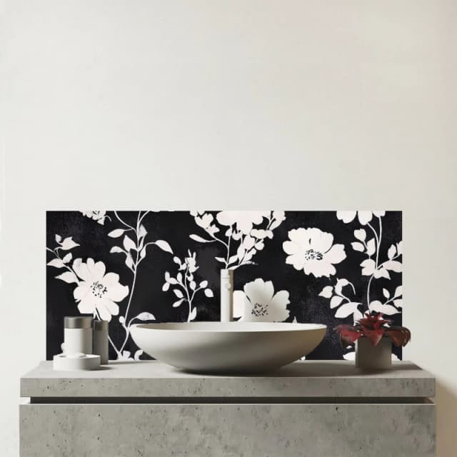 Warren Reed - Designer Black & White Floral Silhouette Glass Bathroom Splashback Black Unisex