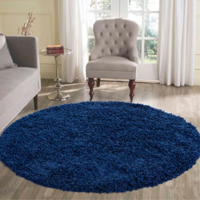 Desire Rugs Plain Living Room Shaggy Area Rugs Navy Round 120X120 Cm