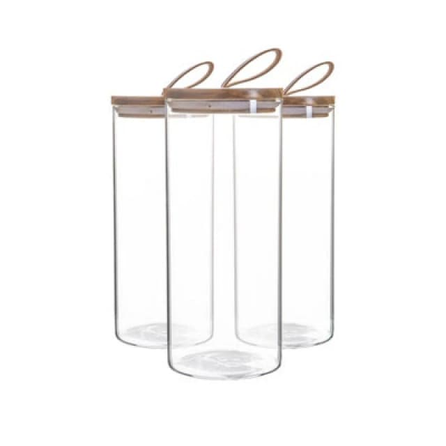 Argon Tableware Glass Storage Jars with Wooden Lids Leather Loop 1.5 Litre Pack of 3 Clear