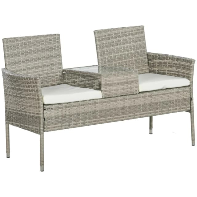 Outsunny Outsunny - Rattan Garden Bench w/ Glass Tea Table, Wicker Chair w/ Cushions Grey 5056725505844