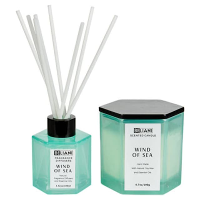 BELIANI Beliani - Set of Scented Candle and Fragrance Stick Diffuser 100% Soy Wax Cotton Wick Glass Fresh Wind of Sea Classy Tint 408922