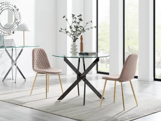 FurnitureboxUK FurnitureboxUK Novara 100cm Round Black Leg Dining Table & 2 Corona Gold Chairs in Beige Beige One Size Unisex 5056784304556