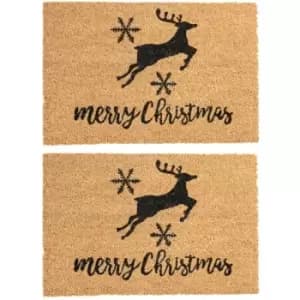 Nicola Spring Christmas Coir Door Mats - 60 x 40cm - Reindeer - Pack of 2