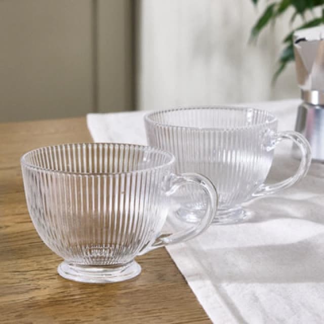 Dibor Set Of 2 Embossed Footed Glass Coffee Mug Clear Tea Cups 400Ml