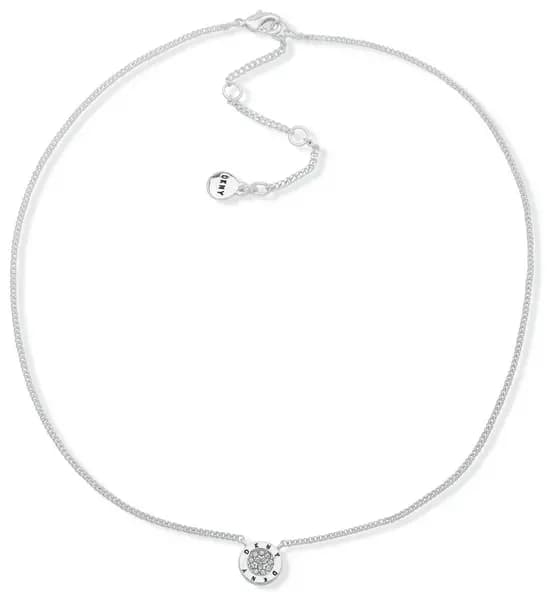 DKNY Silver Plated Round Crystal Logo Pendant Necklace