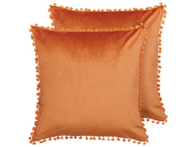 Beliani Set Of 2 Decorative Cushions Aerangis Velvet 45 X 45cm Orange Solid