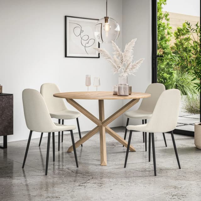 More4Homes Malvern Round Dining Table And Chairs - Oak Table Top W Solid Oak Legs + Maya Boucle Dining Chair Set Of 4 (Ivory White)