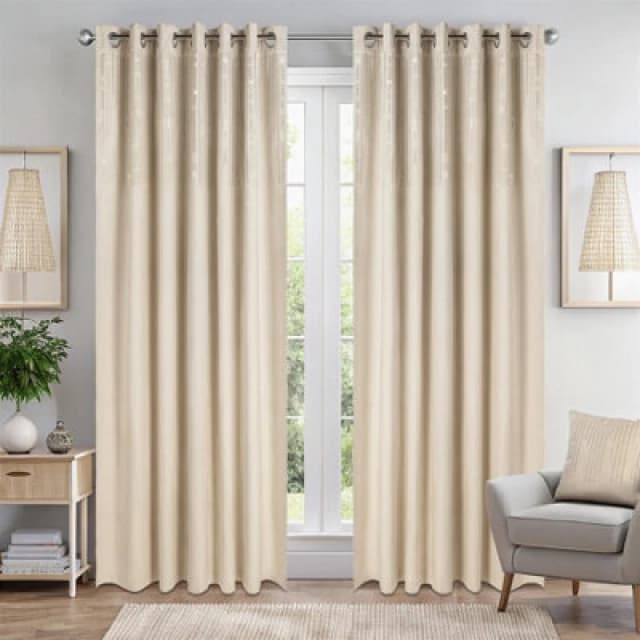 Luxury Living Triple Woven Blackout Velvet Ring Top Curtains With Cascading Diamante Studs 117Cm X 137Cm Cream
