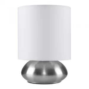 Satin Nickel Touch Table Lamp with White Drum Shade