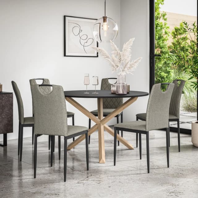 More4Homes Malvern Round Dining Table And Chairs - Black Table Top W Solid Oak Legs + Monza Fabric Dining Chair Set Of 6 (Grey)