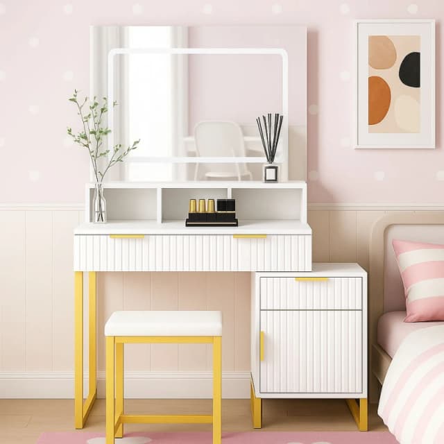 KOSY KOALA KOSY KOALA Dressing Table Set with LED Mirror, Storage Cabinet, Stool for Bedroom in White White One Size Unisex 5061055343264