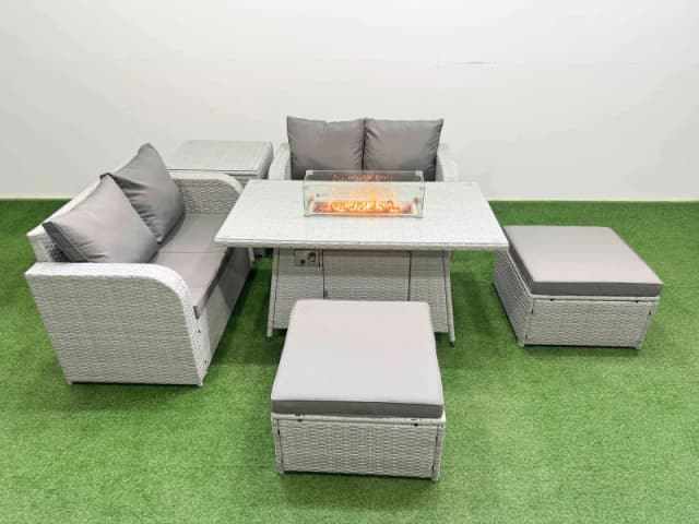 Fimous 6 Seater Outdoor Love Sofa Set Rattan Garden Furniture Set with Firepit Dining Table 2 Footstool Side Table Light Grey Light Grey