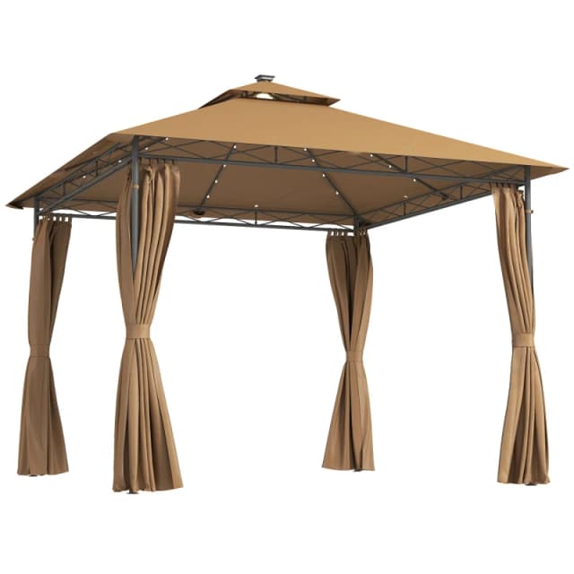 Outsunny 3 x 3m Double Roof Outdoor Gazebo with Curtains, Brown, Brown 84C-590V00BN