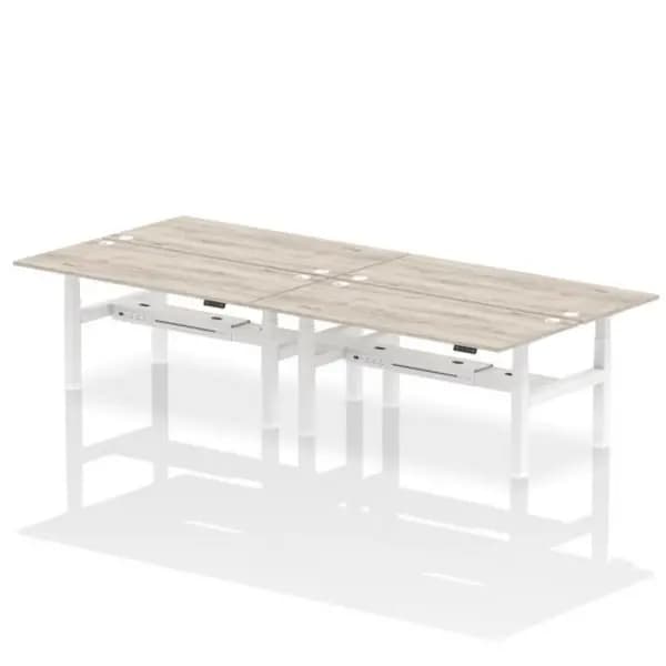 Air Air Back-to-Back 1800 x 800mm Height Adjustable 4 Person Bench Desk Grey Oak Top with Cable Ports White Frame HASCP4P18800GRYW