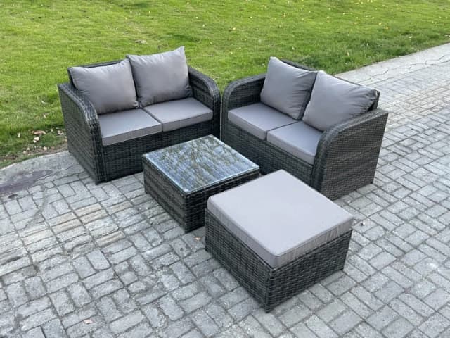 Fimous Rattan Sofa Set Outdoor Garden Furniture Set with Square Coffee Table Loveseat Sofa Big Footstool Dark Grey Mixed Dark Grey