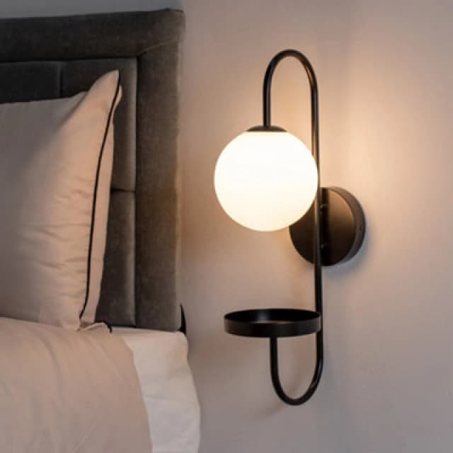 ValueLights ValueLights Milo Frosted Glass Globe Shade Curved Wall Light with Shelf in Black One Size Unisex 5016529271314