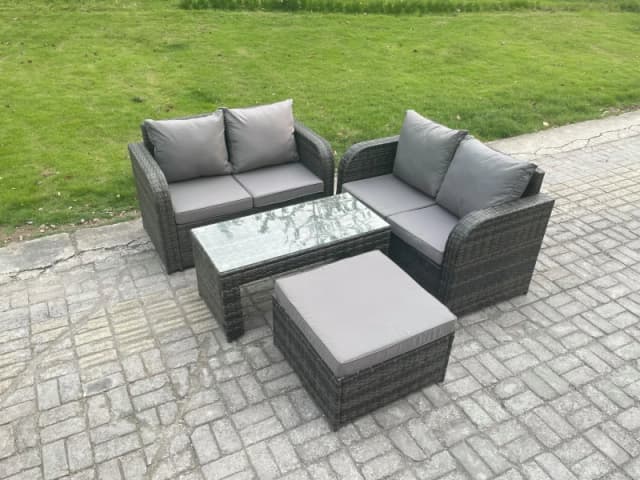 Fimous High Back Rattan Garden Furniture Set with Loveseat Sofa Coffee Table Footstool Outdoor Patio Lounge Sofa Set Dark Grey