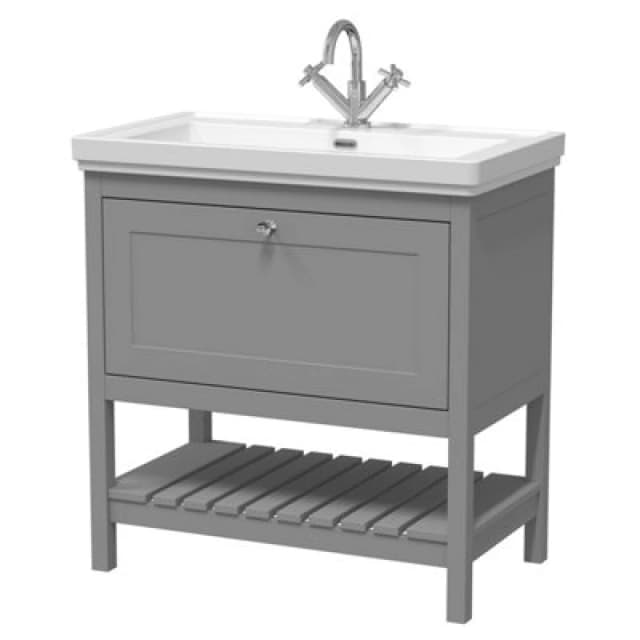 Nuie Old London Bexley Floor Standing 1 Drawer Vanity & 1 Tap Hole Fireclay Basin, Stylish Vanity Unit With Basin, Cool Grey, 800mm