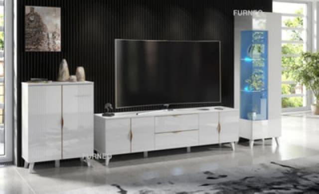 Furneo High Gloss & Matt White Living Room Set TV Stand Display Cabinet Sideboard Azzurro 10/12/14 Blue LED Lights