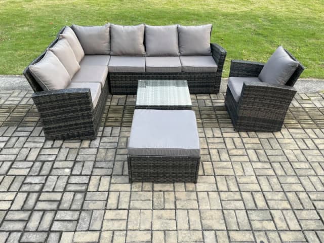 Fimous Rattan Garden Furniture Set Outdoor Lounge Corner Sofa Set With Square Coffee Table Big Footstool Armchair 8 Seater in Dark Grey Dark Grey Unis