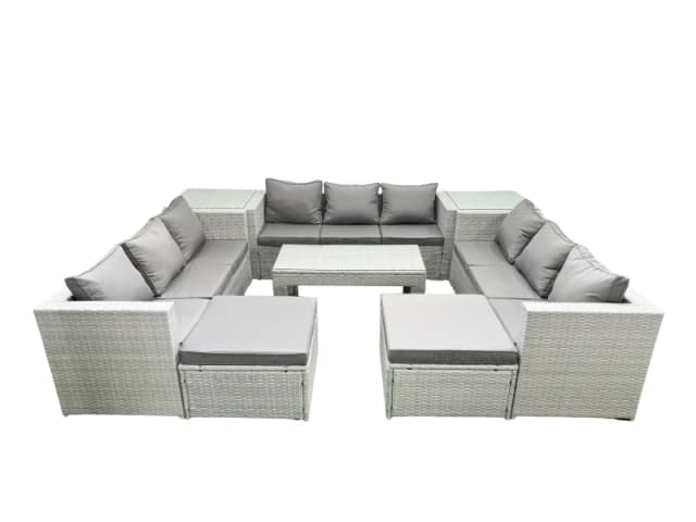 Fimous Rattan Garden Outdoor Furniture Set 11 Seater Garden Sofa Oblong Coffee Table Set with 2 Big Footstools 2 Side Tables Light Grey Mixed Light Gr