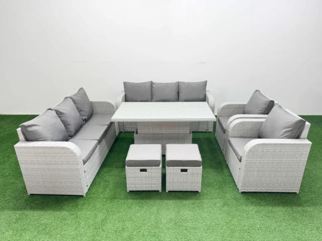 Fimous PE Rattan High Back Lounge Sofa Set Patio Adjustable Lifting Dining or Coffee Table & Chairs Set with 3 Seater Sofa Reclining Chair Stools Ligh