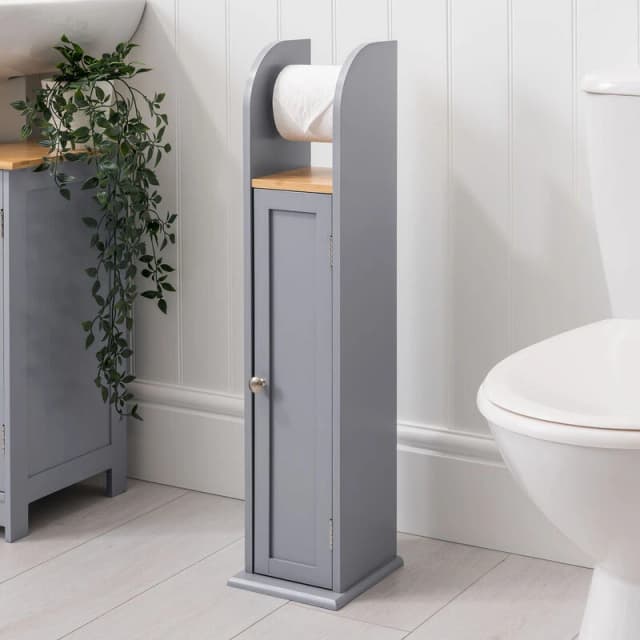 Christow Toilet Roll Holder Cabinet Freestanding Grey Bamboo Wood Bathroom Unit Grey