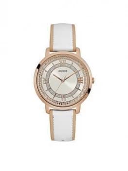 Guess Rose Gold With White Dial And White Leather Strap Ladies Watch