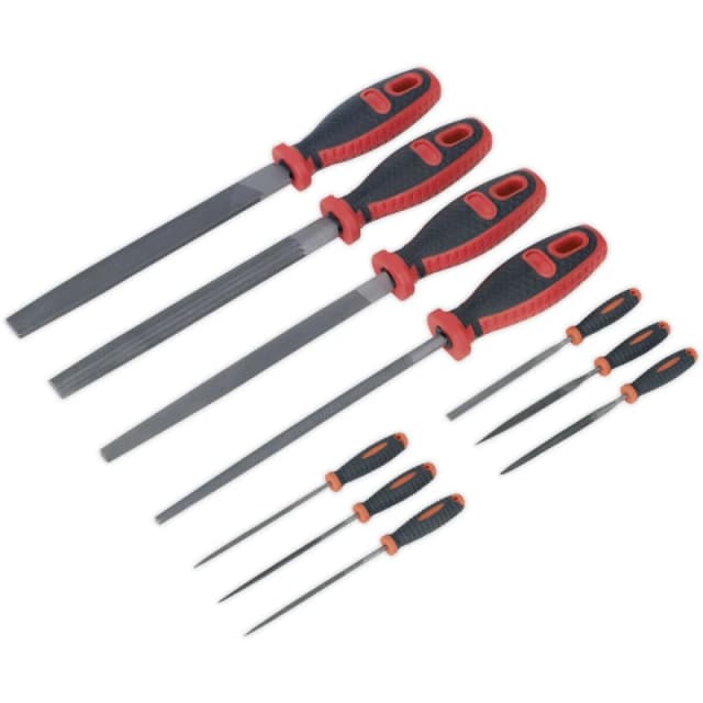 Loops 10 Piece Engineers & Needle File Set - Double Cut - Coarse - Soft Grip Handles Multi