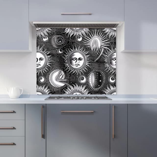 Warren Reed - Designer Moon & Sun Black White Kitchen Splashback Size: 600mm x 750mm Black Unisex 600mm x 750mm