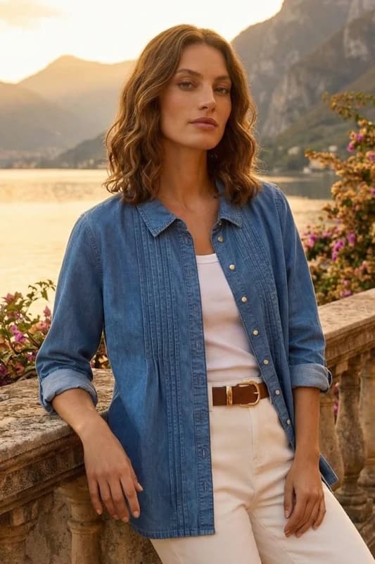 Roman Womens Petite Pintuck Buttoned Blouse in Mid Blue Size: 18 Mid Blue Female 18