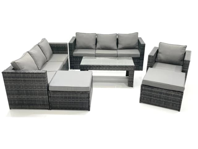 Fimous 9 Seater Rattan Garden Outdoor Furniture Set with 3 Seater Sofa Coffee Table 2 Big Footstool Dark Grey